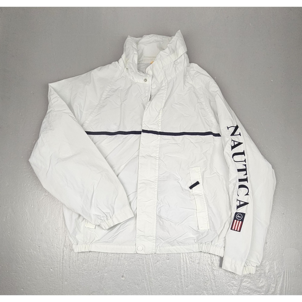Vintage Nautica NS83 Jacket Mens XL White‎ Graphic LOGO Windbreaker Hooded